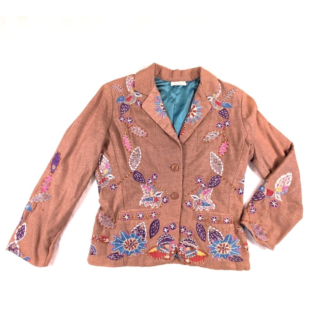 Pinko Women Tan Embroidered linen/Silk Blazer Jacket Floral Butterfly IT 44 US 8